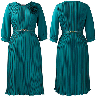 Van Elst Mode® | Dames 3/4 Mouw Plissé Midi Jurk met Riem