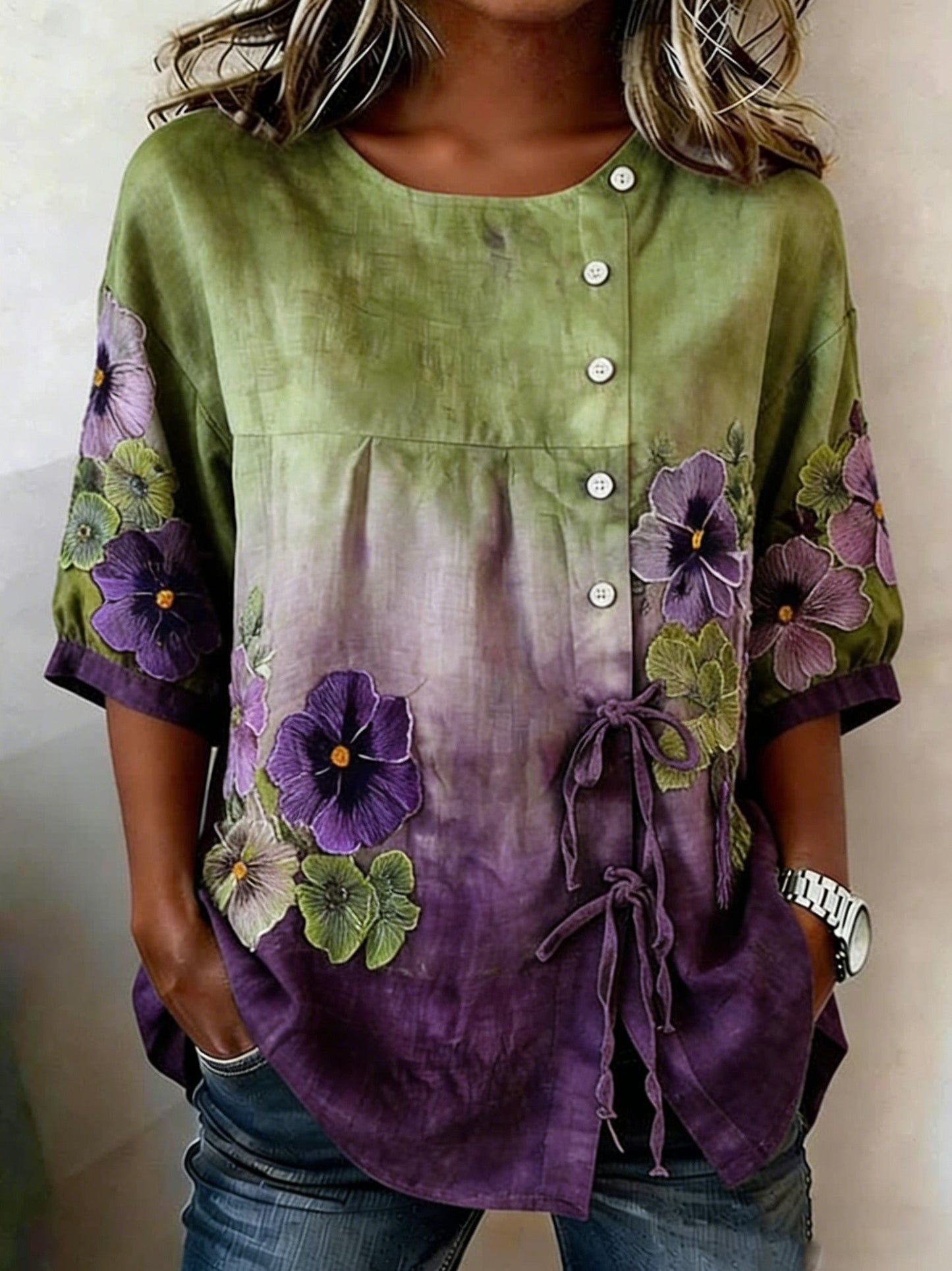 Vrouwen linnen mix bloemenknop blouse