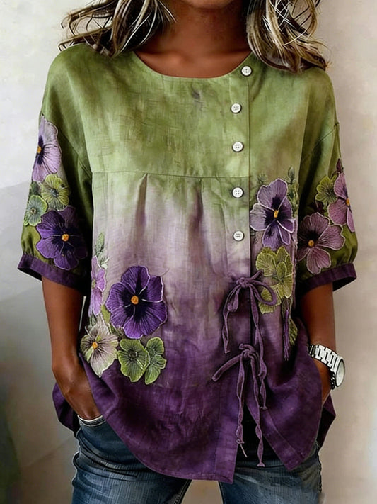 Vrouwen linnen mix bloemenknop blouse