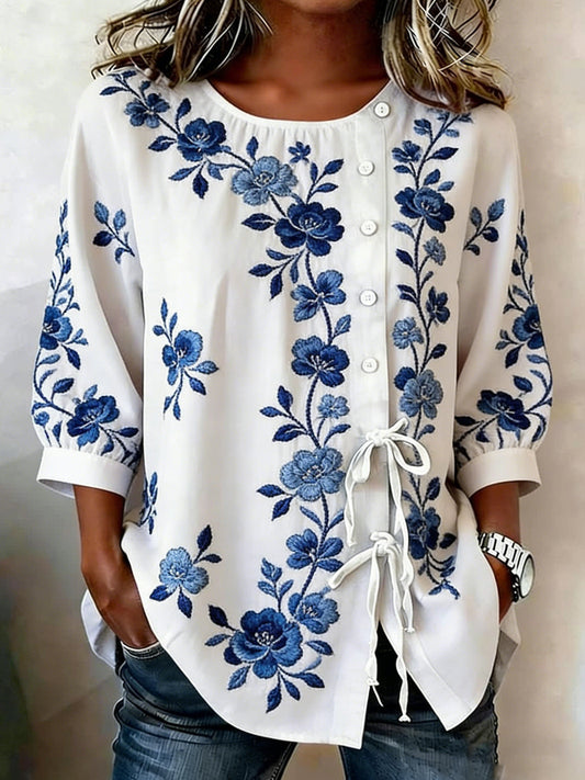 Dames Bloemenprint Linnen Mix Knopshirt
