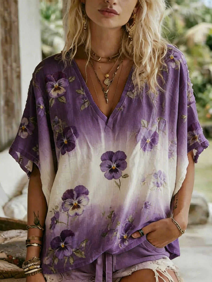 Casual T-shirt voor dames met artistieke bloemafdruk