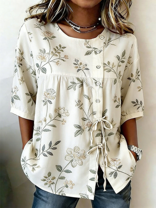 Damesblouse van linnenmix, met knopen, planten- en bloemenmotieven