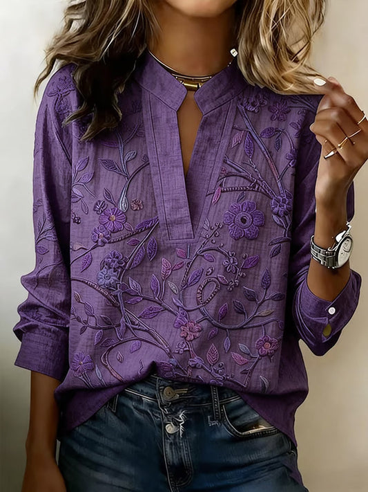 V-hals blouse van linnenmix met bloemmotief voor dames