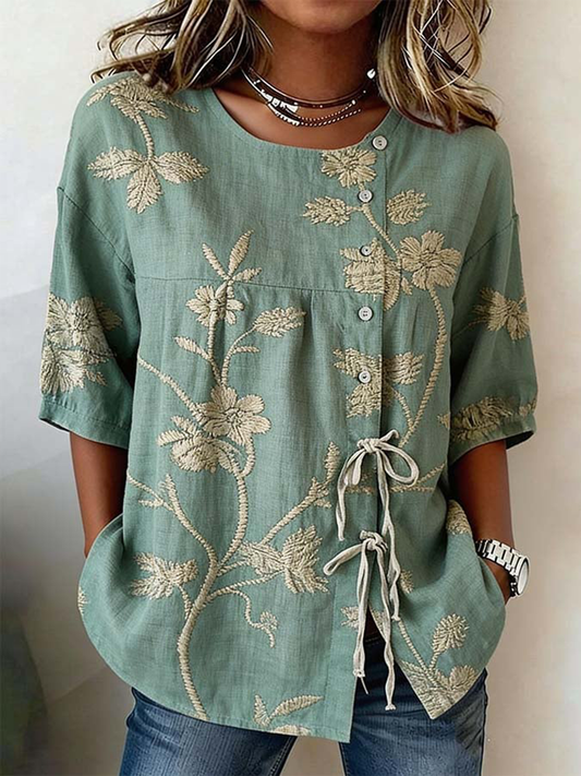 Damesblouse van linnenmix met knopen en veters, met planten- en bloemenmotieven