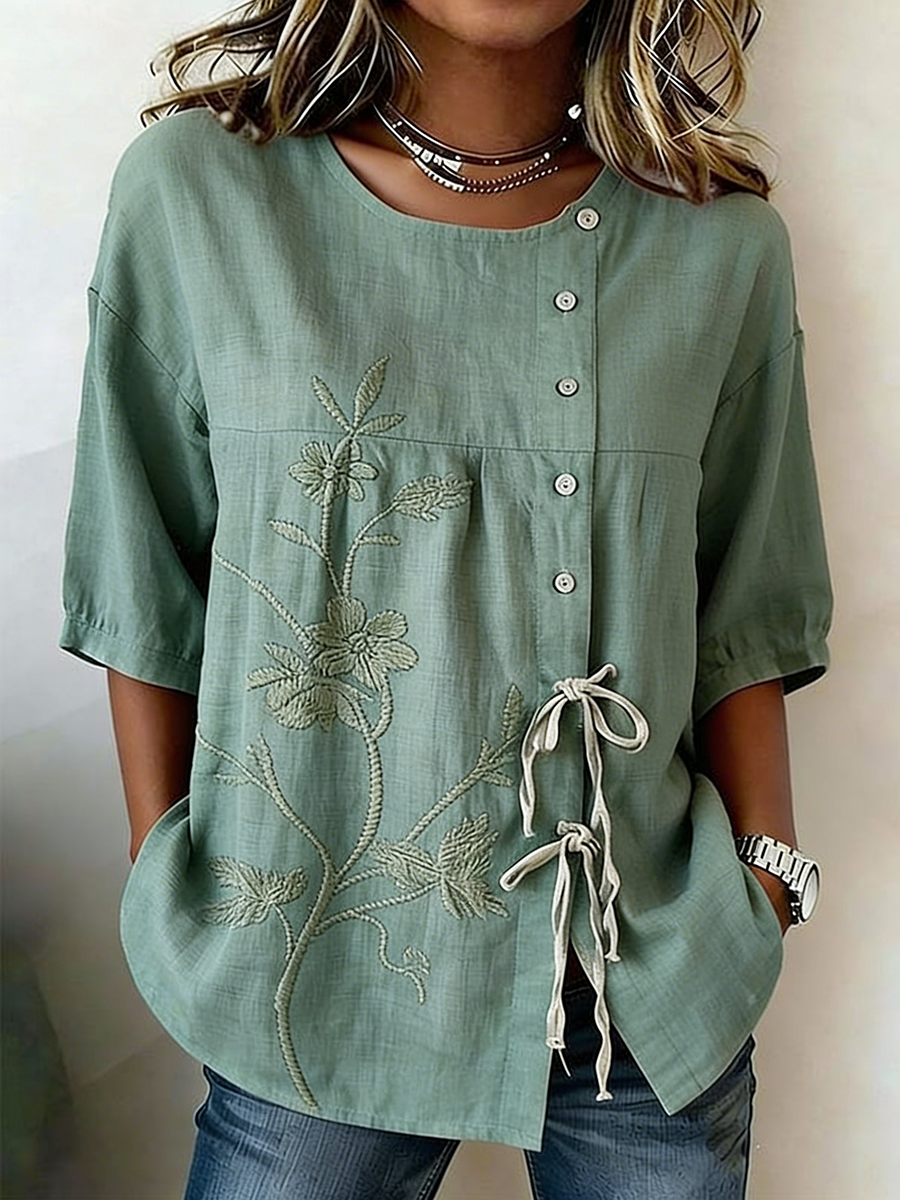 Damesblouse van linnenmix met knopen en veters, met planten- en bloemenmotieven