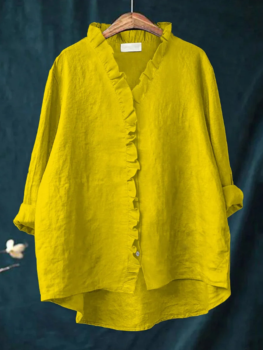 Casual katoen en linnen blouse met ruffles voor vrouwen
