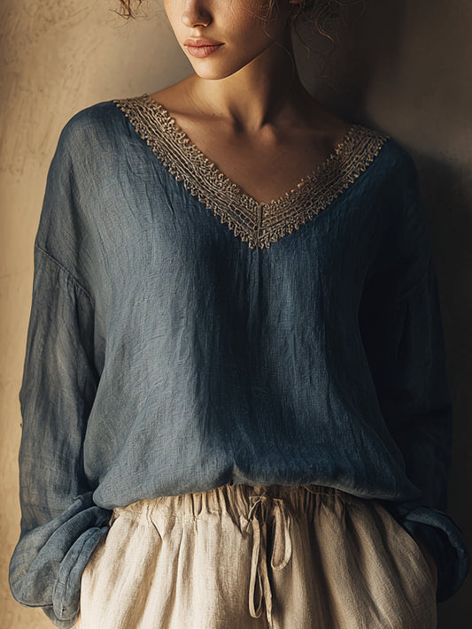 Vintage lin patchwork en kant blouse voor vrouwen