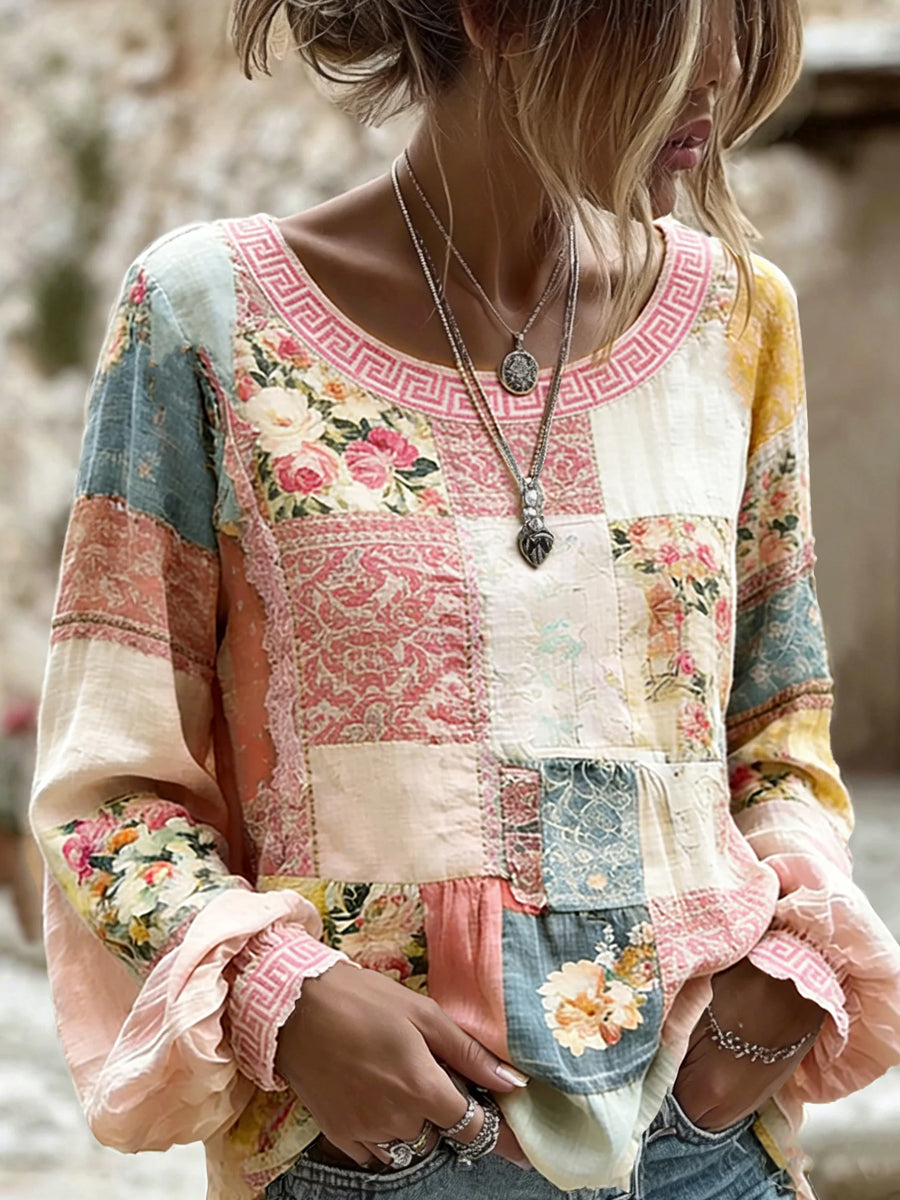 Casual dames top, vintage stijl, van katoen en linnen, met bloemenborduurwerk en bedrukte patchwork