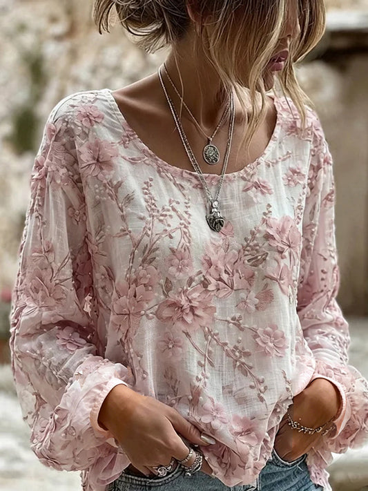 Casual katoen-linnen top voor dames, vintage bloemenprint