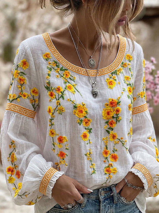 Casual katoen-linnen top voor dames, vintage bloemenprint