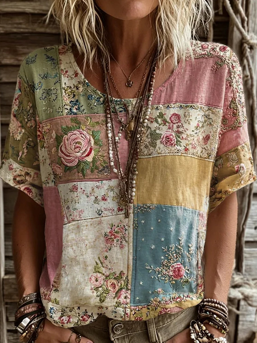 Casual katoen-linnen top voor dames, vintage bloemenprint