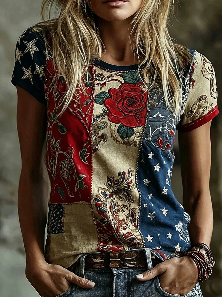 Losse katoen-linnen top voor dames, vintage bloemenprint