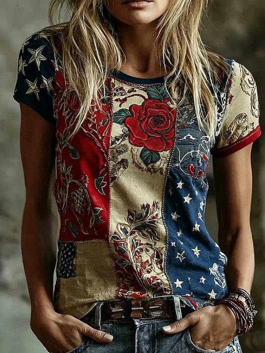 Losse katoen-linnen top voor dames, vintage bloemenprint