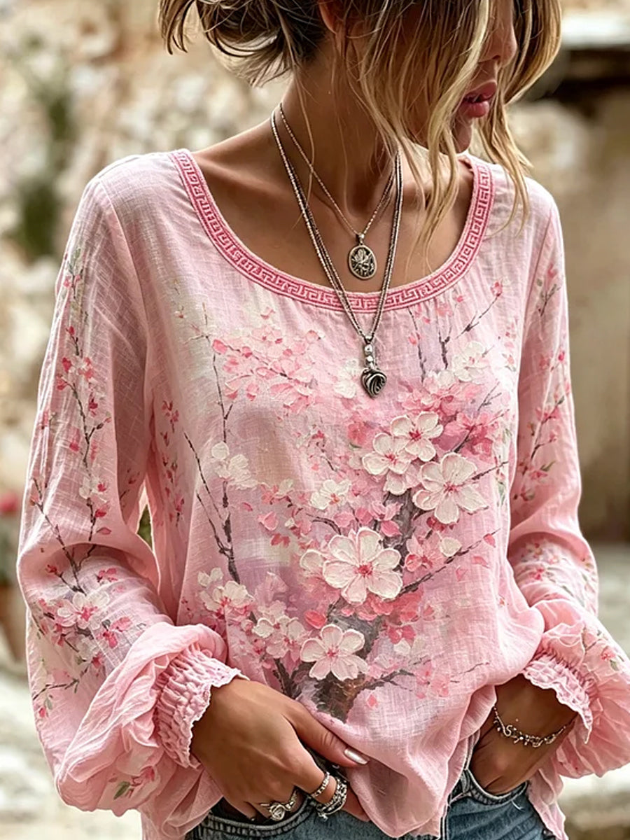 Casual katoen-linnen top voor dames, vintage bloemenprint