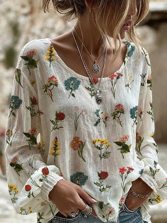Casual katoen-linnen top voor dames, vintage bloemenprint