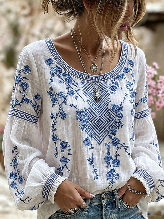 Casual katoen-linnen top voor dames, vintage bloemenprint