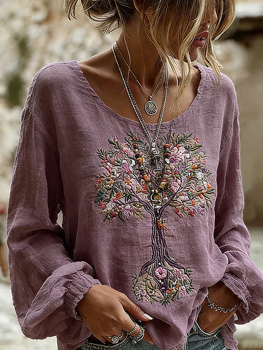 Casual katoen-linnen top voor dames, vintage bloemenprint