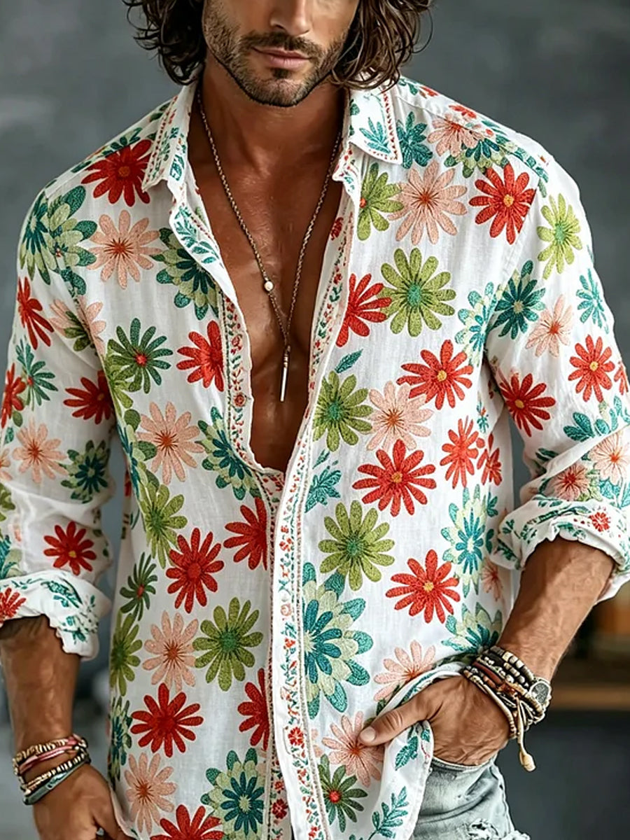 Casual katoenen-linnen overhemd met retro stijl geborduurde kunstafdruk