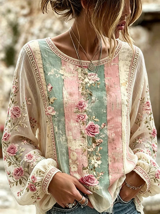 Casual Retro Bloemenprint Katoen-Linnen Top
