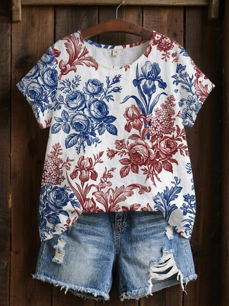 Bloemig patchwork T-shirt voor vrouwen