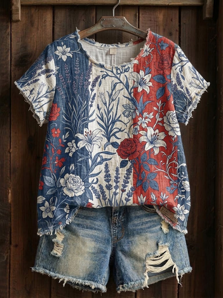Bloemige patchwork T-shirt voor dames