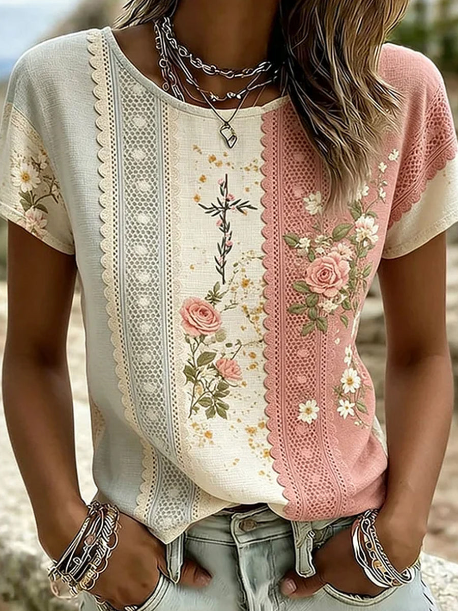 Casual T-shirt van katoen en linnen met retro bloemenprint