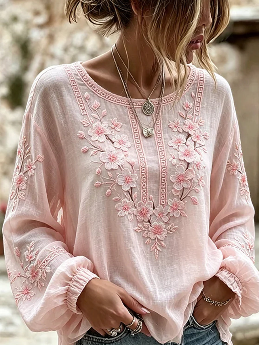 Retro bloemen kunstprint, casual top van katoen-linnen
