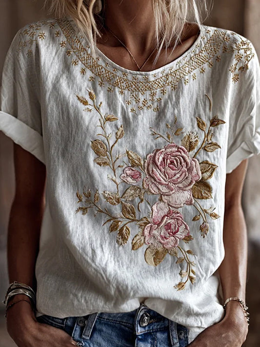 Casual T-shirt van katoen-linnen met retro bloemenkunstprint