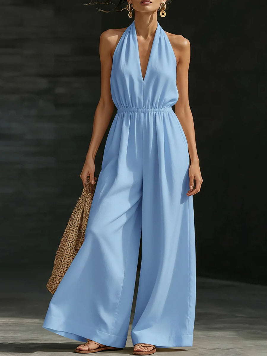 Casual Effen Kleur V-Hals Halter Rugloze Jumpsuit voor Dames