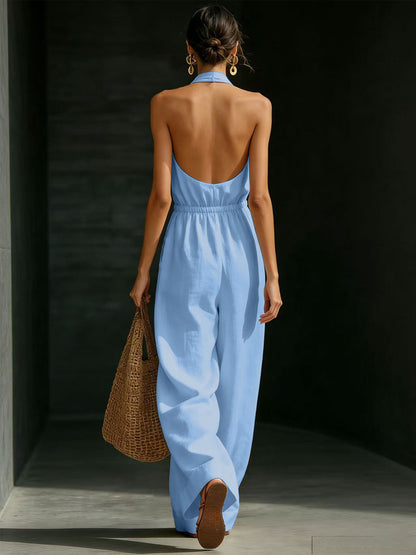 Casual Effen Kleur V-Hals Halter Rugloze Jumpsuit voor Dames
