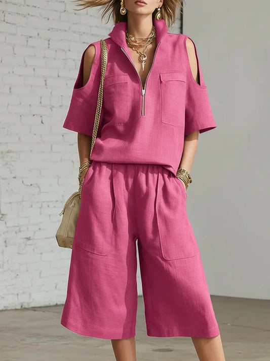 Korte broek met wijde benen voor dames Top met blote schouders Twee-delige set