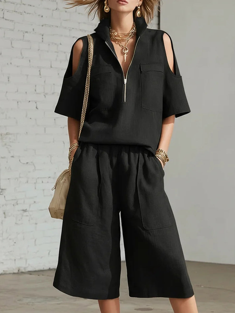 Korte broek met wijde benen voor dames Top met blote schouders Twee-delige set