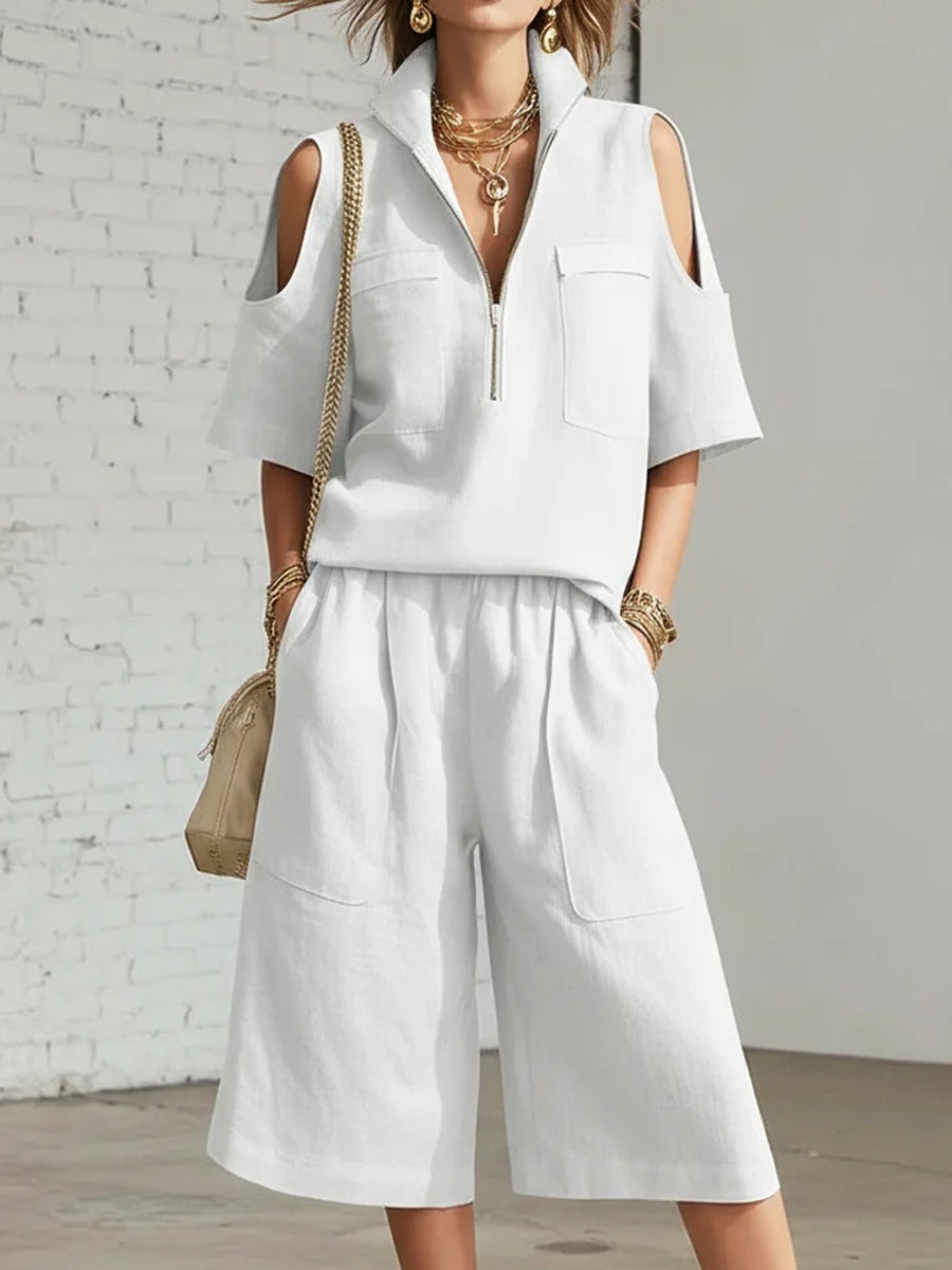 Korte broek met wijde benen voor dames Top met blote schouders Twee-delige set