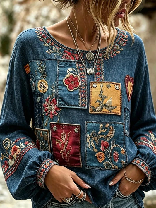 Luchtige katoenen linnen top voor dames, vintage bloemenprint