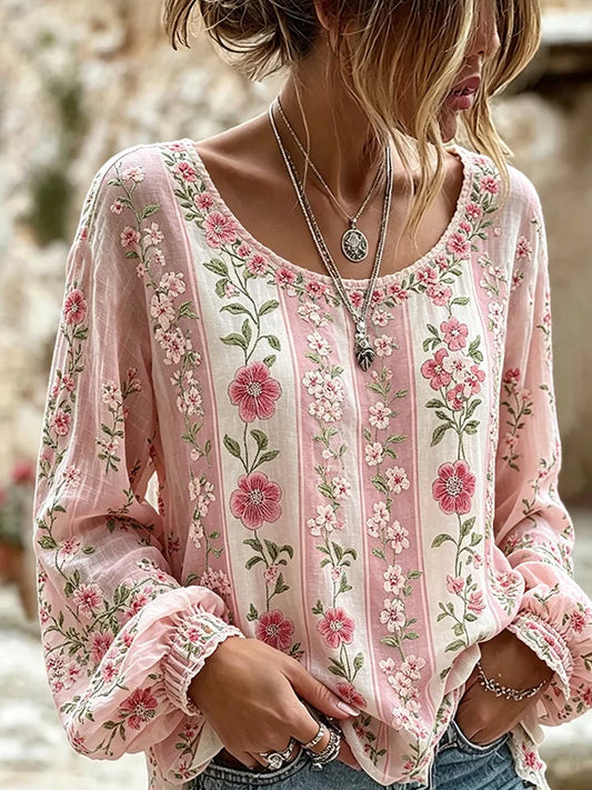 Casual katoen-linnen top voor dames, vintage bloemenprint