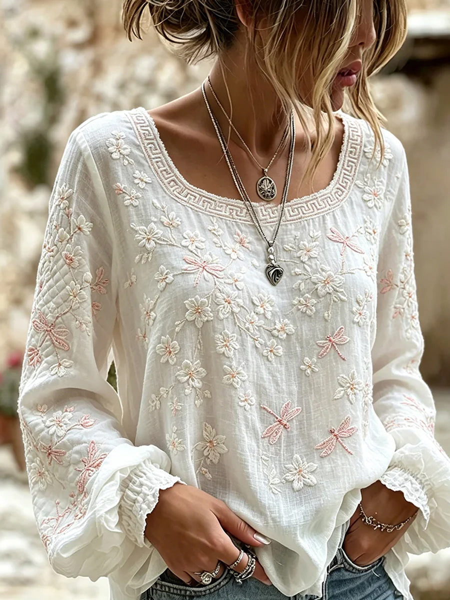 Casual katoen-linnen top voor dames, vintage bloemenprint