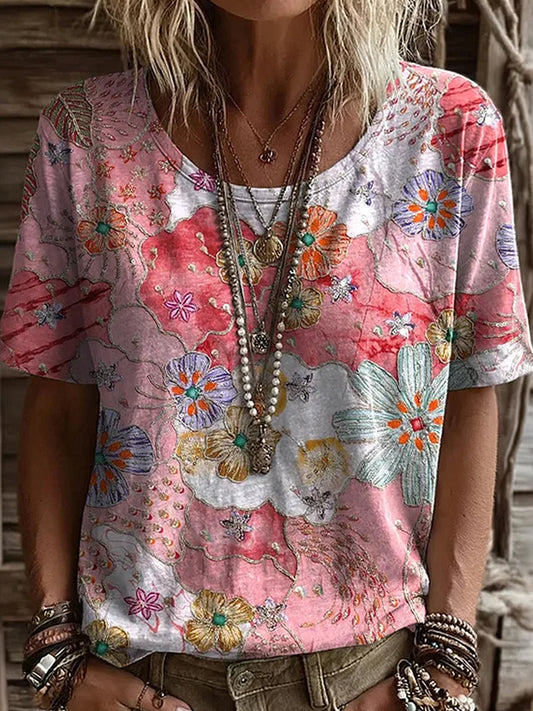 Comfortabele T-shirt voor dames, vintage stijl, artistieke bloemenprint