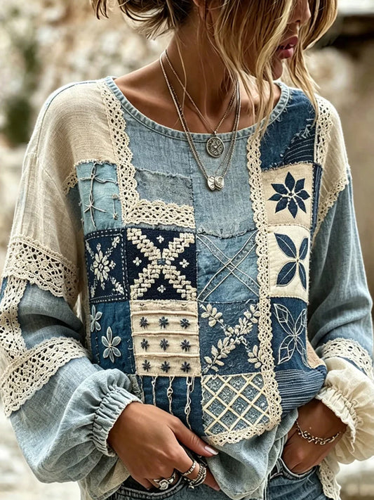 Casual katoen-linnen top voor dames, vintage bloemenprint