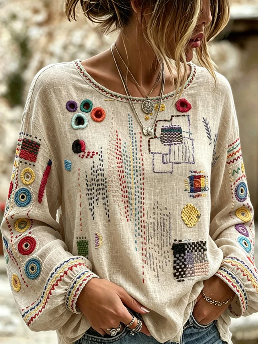Casual katoen-linnen top voor dames, vintage bloemenprint