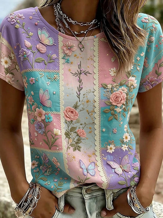 Vintage Bloem Broderie Kunst Print Comfort T-Shirt voor Dames