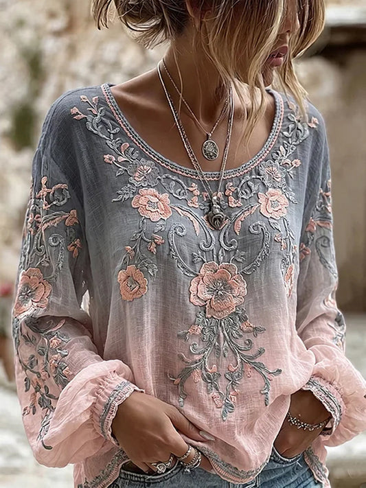 Casual katoen-linnen top voor dames, vintage bloemenprint