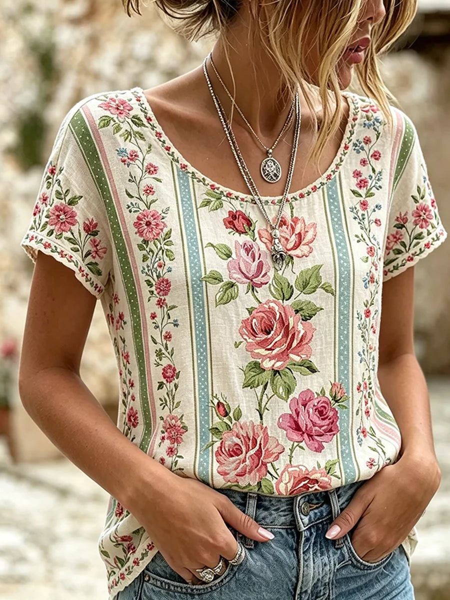 Comfortabele T-shirt met vintage bloemenprint voor dames