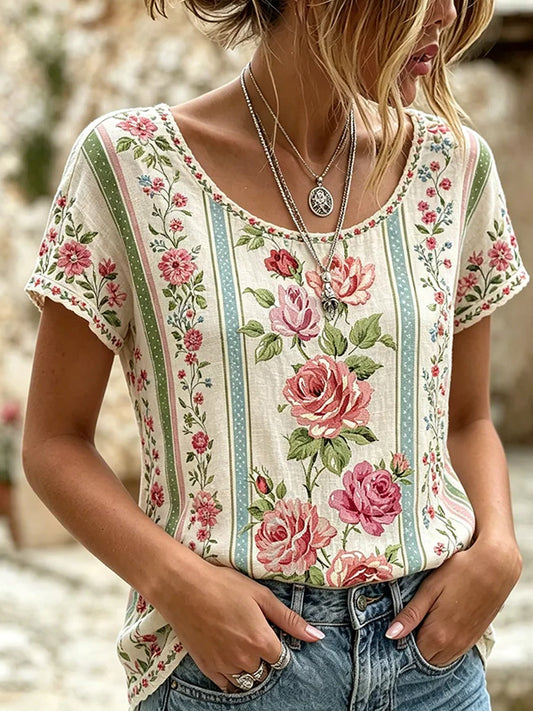 Comfortabele T-shirt met vintage bloemenprint voor dames