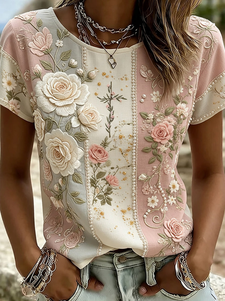Comfortabele T-shirt voor vrouwen, vintage stijl, artistieke bloemenprint