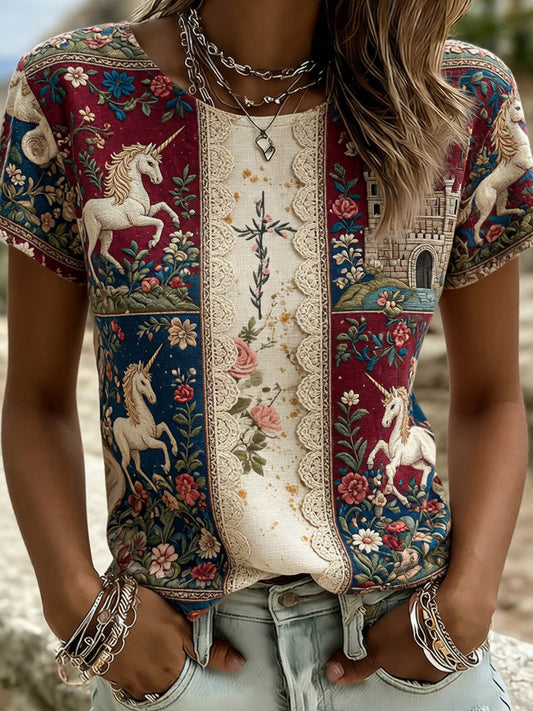 Comfortabele T-shirt voor vrouwen, vintage stijl, artistieke bloemenprint