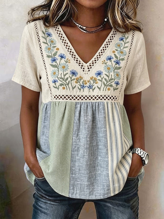 Vintage blouse van katoen-linnen met V-hals en bloemenpatchwork voor dames