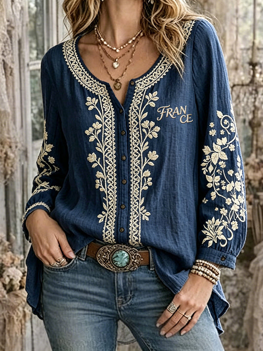Casual overhemd voor dames, marineblauw, Franse stijl, bloemenprint, van katoen-linnen, met lange mouwen