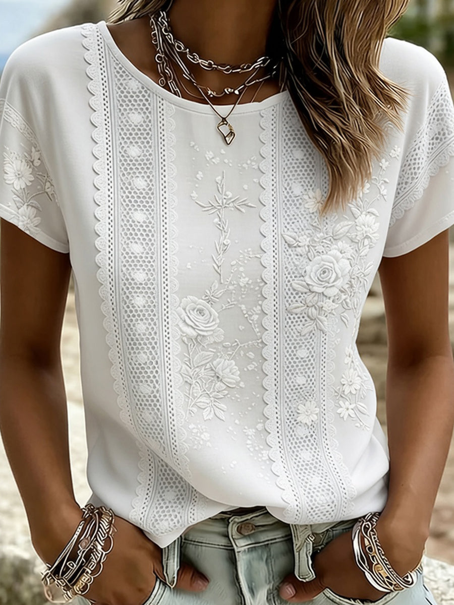 Casual en comfortabele T-shirt met retro bloemkunstprint