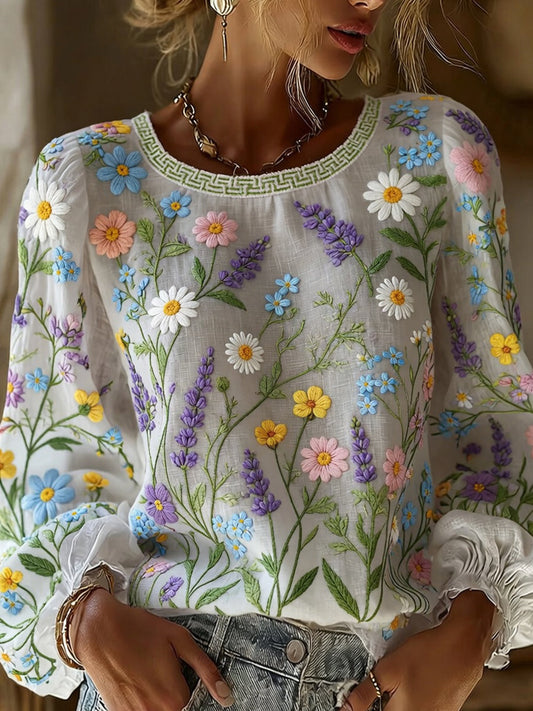 Losse katoenen-linnen top voor dames, vintage stijl met artistieke bloemenprint