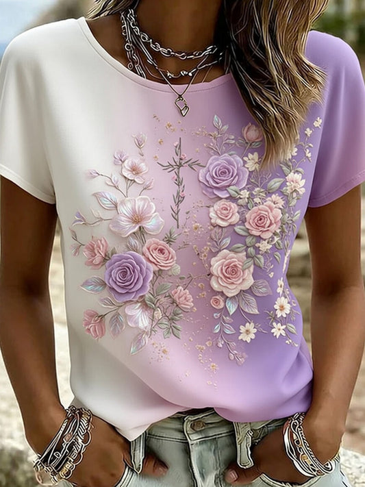 Casual en comfortabele T-shirt met retro bloemenkunstafdruk